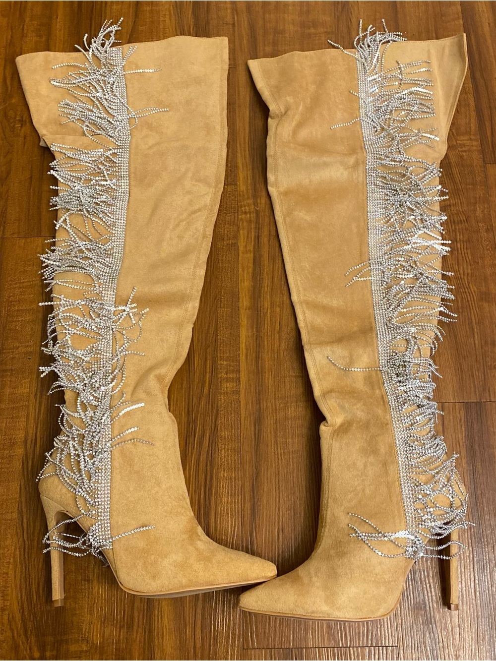 New Cape Robbin Tan Suede Over-the-Knee Boots with Crystal Fringe